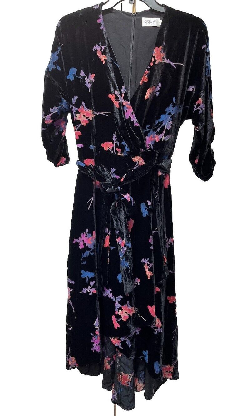 Eliza J Womens High Low Hem Midi Dress Sz 4 Black Floral Crushed Velvet Burnout